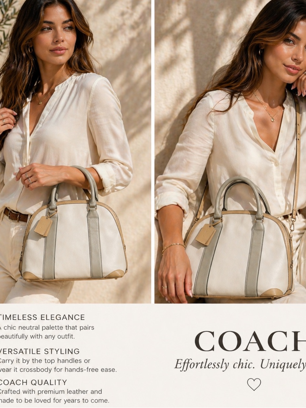 Coach Ivory Leather Dome Satchel | Top Handle + Crossbody | Classic Neutral